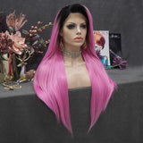 2020 New Arrival Long Black To Hot Pink Ombre Synthetic Lace Front Wig