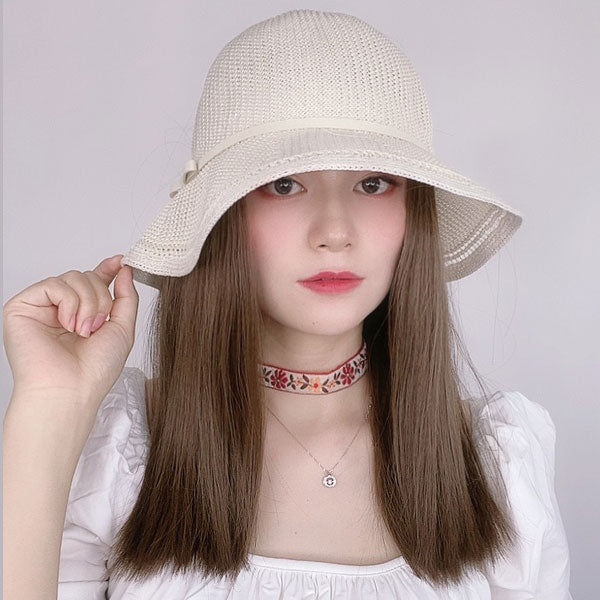 Middle Length Brown Synthetic Wig With Beige Mesh Hat