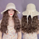 Long Brown Wave Synthetic Wig With Tie Bow Knot Fisherman Hat