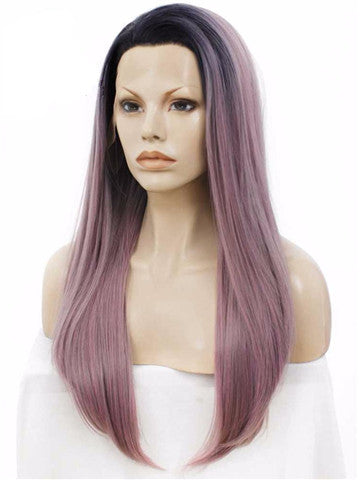 Long Black Root Grayish Pastel Pink Ombre Straight Synthetic Lace Front Wig - FashionLoveHunter