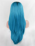 Long Deep Ice Blue Ombre Synthetic Lace Front Wig - FashionLoveHunter