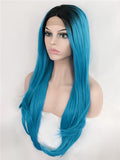 Long Deep Ice Blue Ombre Synthetic Lace Front Wig - FashionLoveHunter