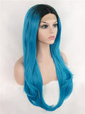 Long Deep Ice Blue Ombre Synthetic Lace Front Wig - FashionLoveHunter