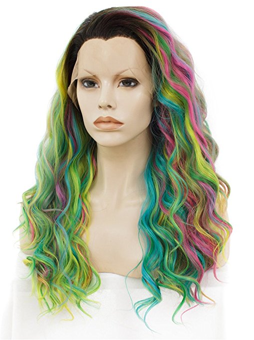 2018 New Long Colorful Rainbow Star Wave Synthetic Lace Front Wig - FashionLoveHunter