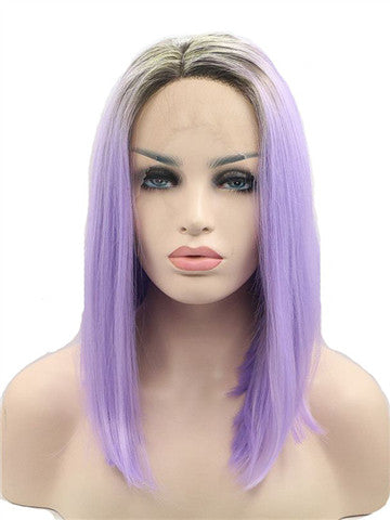 2018 Short Black To Purple Ombre Bob Synthetic Lace Front Wig - FashionLoveHunter