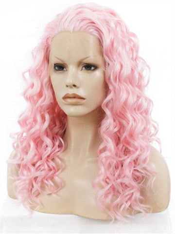 20 Inch Pink Curly Synthetic Lace Front Wig - FashionLoveHunter