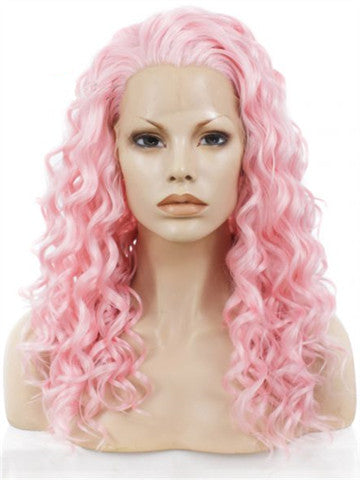 20 Inch Pink Curly Synthetic Lace Front Wig - FashionLoveHunter