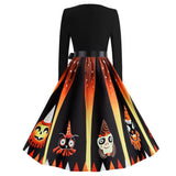 Women 1950s Pumpkin Devil Print Long Sleeve Midi Halloween Dress