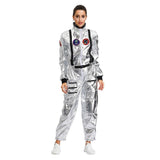 Women Halloween Astronaut Costume Adult Sliver Cosplay Jumpsuit Lady Outer Space Cosplay Costume