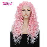 Imstyle Pink Mixed White Two Tone Color Curly Lace Front Synthetic Wig 26 inch