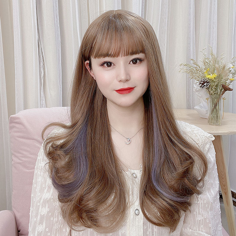 Long Brown Purple Mixed Wave Synthetic Wig With Bangs