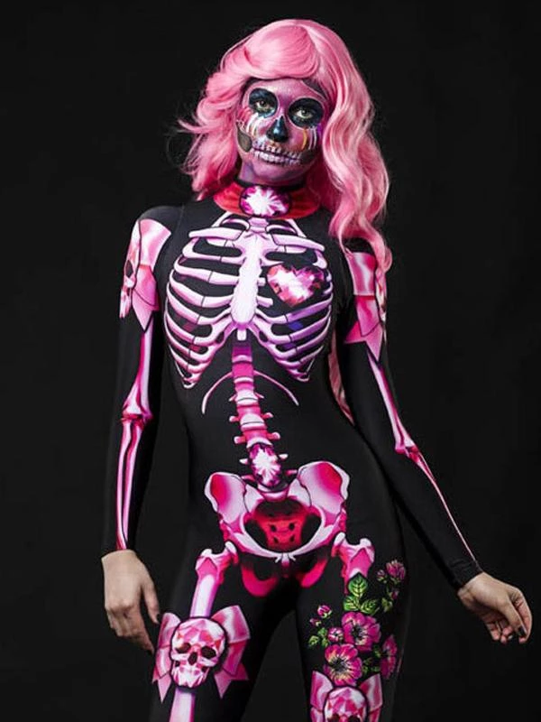 Pink SugarSkull Skeleton Halloween Printed Jumpsuit