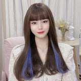 Long Brown Blue Mixed Straight Synthetic Wig With Bangs