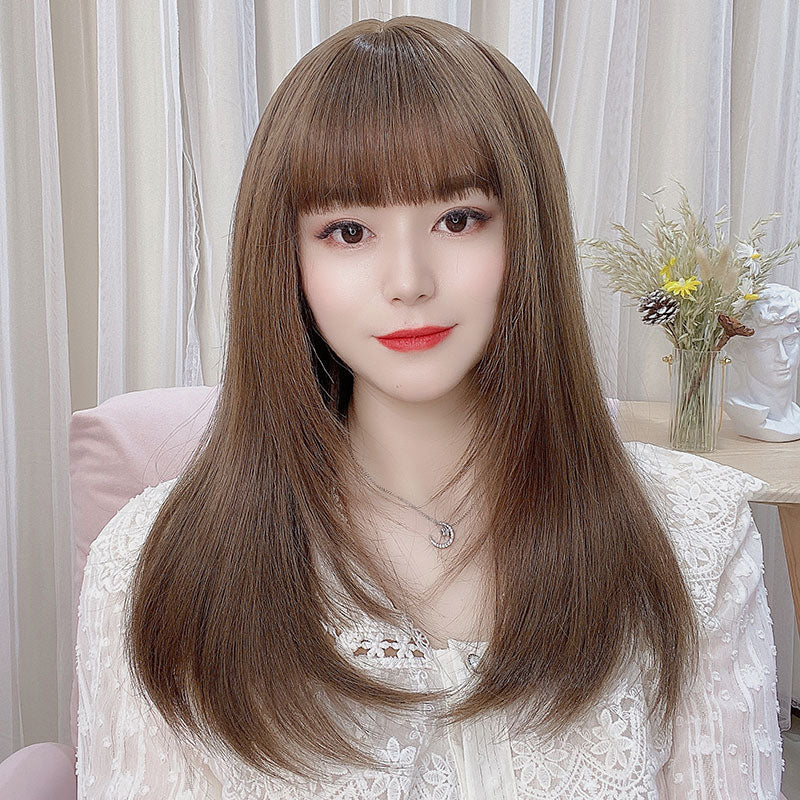 Middle Length Brown Straight Synthetic Wig With Bangs