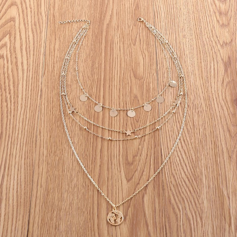 Gold Map Disc Pentagonal Star Bead Chain Multi-layer Necklace