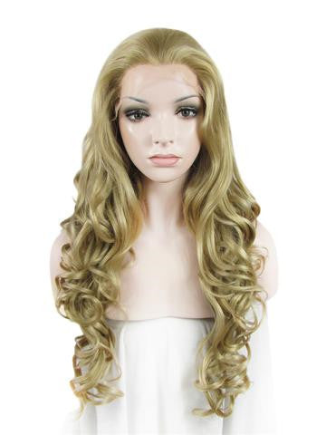 Long Ash Golden Body Wave Synthetic Lace Front Wig - FashionLoveHunter
