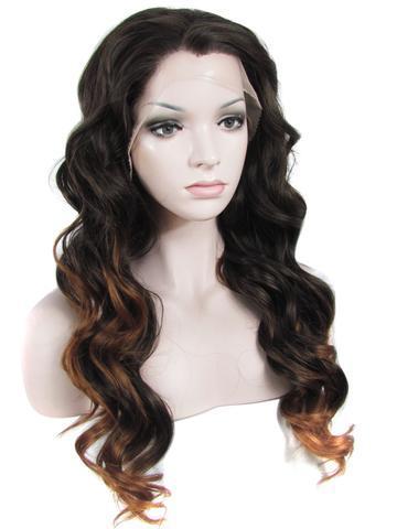 Long Black Ombre Brown Wavy Synthetic Lace Front Wig - FashionLoveHunter