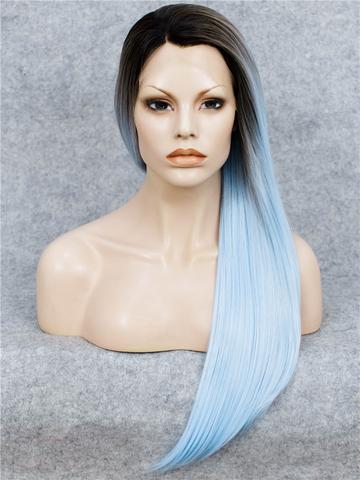 Long Black To Sky Blue Ombre Straight Synthetic Lace Front Wig - FashionLoveHunter