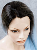 Long Black To Sky Blue Ombre Straight Synthetic Lace Front Wig - FashionLoveHunter