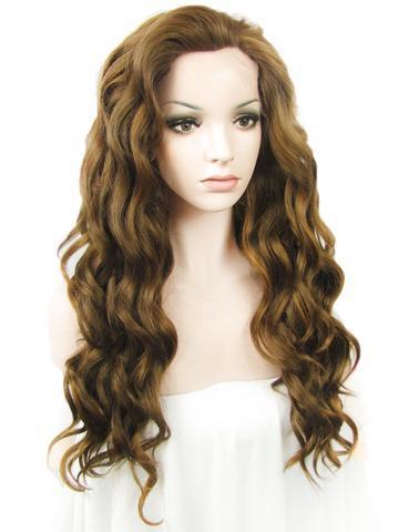 Long Medium Ash Brown Wavy Synthetic Lace Front Wig - FashionLoveHunter