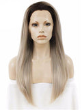 Dark Root To Light Ash Blonde Ombre Straight Long Synthetic Lace Front Wig - FashionLoveHunter