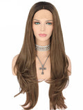 Long Dark Tan Brown Ombre Synthetic Lace Front Wig