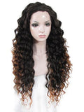 Long Black Brown Mixed Curly Synthetic Lace Front Wig - FashionLoveHunter