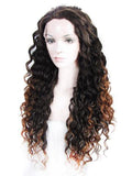 Long Black Brown Mixed Curly Synthetic Lace Front Wig - FashionLoveHunter
