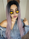 Long Black Root Grayish Pastel Pink Ombre Straight Synthetic Lace Front Wig - FashionLoveHunter