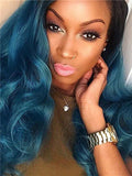 Long Black Root To Dark Green Wave Synthetic Lace Front Wig - FashionLoveHunter