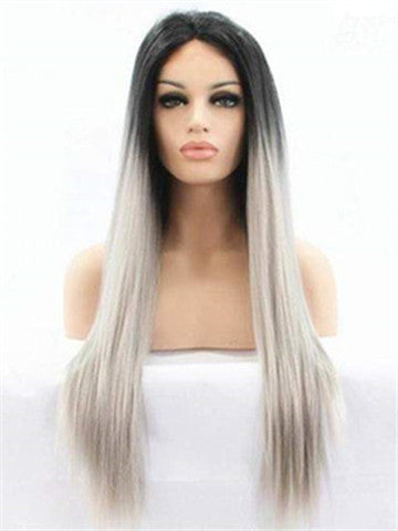 Long Black To Grey Ombre Straight Synthetic Lace Front Wig - FashionLoveHunter