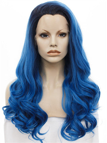 Deep Blue Black Root Ombre Wave Long Synthetic Lace Front Wig - FashionLoveHunter