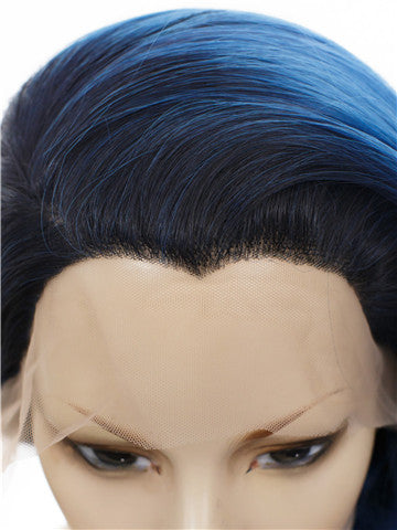 Deep Blue Black Root Ombre Wave Long Synthetic Lace Front Wig - FashionLoveHunter