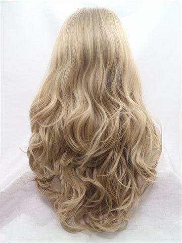 Long Caramel Delight Blonde Gold Ombre Wavy Synthetic Lace Front Wig - FashionLoveHunter