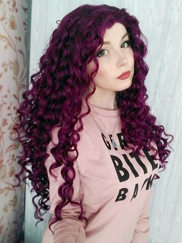 Dark Purple Curly Long Synthetic Lace Front Wig - FashionLoveHunter