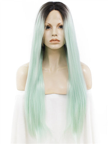 Dark Root To More Light Mint Green Ombre Straight Long Synthetic Lace Front Wig - FashionLoveHunter