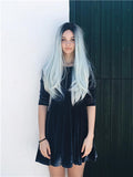Dark Root To More Light Mint Green Ombre Straight Long Synthetic Lace Front Wig - FashionLoveHunter