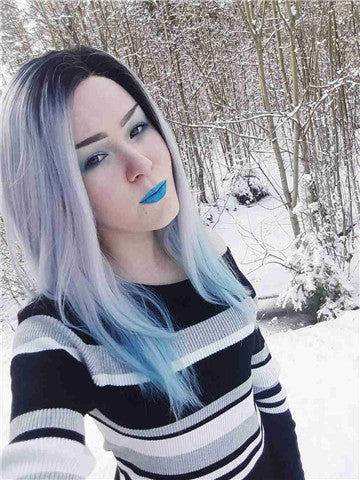 Dark To Light Ombre Periwinkle Pastel Blue Synthetic Lace Front Wig - FashionLoveHunter