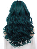 Long Black Root To Dark Green Wave Synthetic Lace Front Wig - FashionLoveHunter