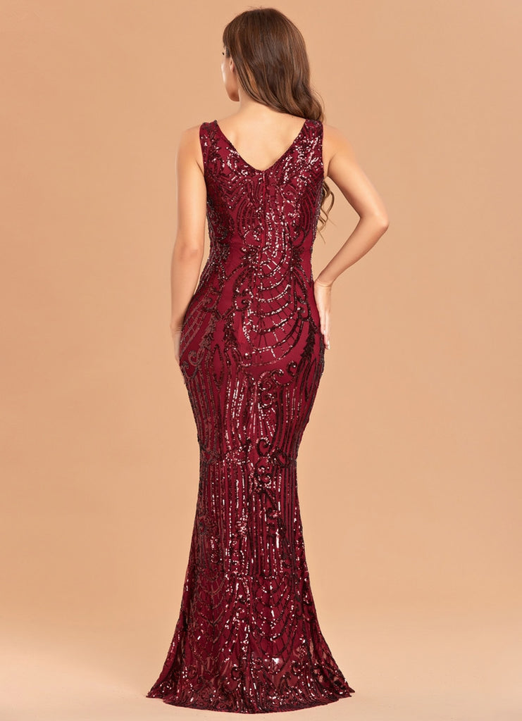 Elegant V Neck Evening Dress Simple Burgundy Sequin Dress Sleeveless Dress