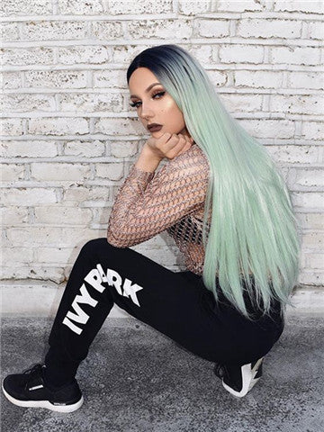Galway Green Mint Ombre Long Straight Synthetic Lace Front Wig - FashionLoveHunter