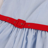 O-Neck Sleeveless 50s Striped Vintage Pleated Cotton Women Pocket Side Red Belt Casual Ladies Dress