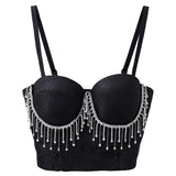 Bright Line Tassel Rhinestones Crop Tops With Built In Bra Winter Slim Push Up Bralette Sexy Ladies Show Tops