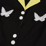 Black Contrast Notched Collar Butterfly Embroidery Vintage Button Front Elegant Pleated Dress