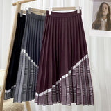 Elastic High Waist Casual Pleated Skirt A Line Houndstooth Patchwork Winter Knitted Skirt