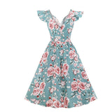 Sweetheart Neckline Ruffle Sleeve Vinatge Floral Pleated Cotton Fabric Pinup Elegant Party Summer Dress