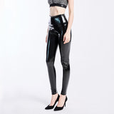 Black Sexy High Waist Elastic Pu Leather Skinny Pants Shiny Wet Look Metallic Latex Leggings