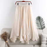 2021 Korean Style Irregular Skirt Retro Femme Jupes Solid Color Women Summer Black White High Waist Linen Midi Skirt falda