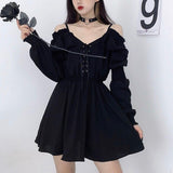 Women Dress Plus Size 4XL Lace Up Black Autumn 2020 Sexy High Waist Femme Dresses Off Shoulder Long Sleeve Gothic Clothes