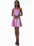 Women A Line Adjustable Straps Pleated Mini Overall Pinafore Dress Wet Look Clubwear Sexy Holographic Suspenders Dress